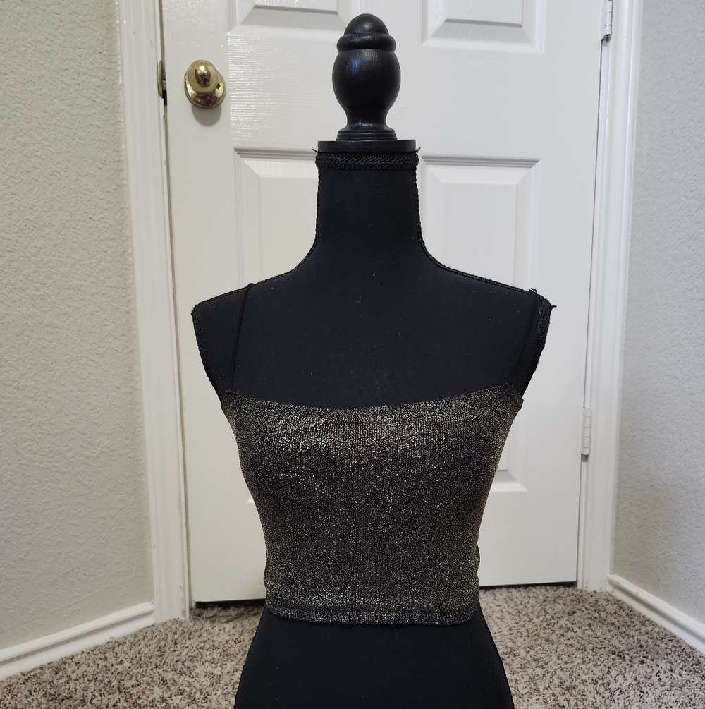 Anthropologie Golden Metallic Black Crop Top Xxs / Xs
